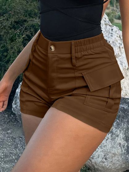 Women Fashion Casual Solid Color High Waist Button Pocket Shorts