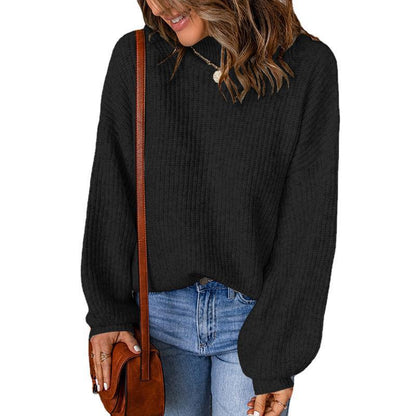 Suéter informal holgado de punto con cuello alto y mangas abullonadas de color liso para mujer de invierno