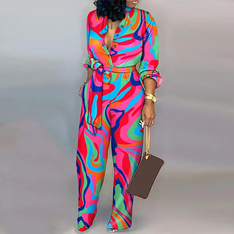 Women Fashion Loose Printed High Waist Casual Straight Jumpsuits