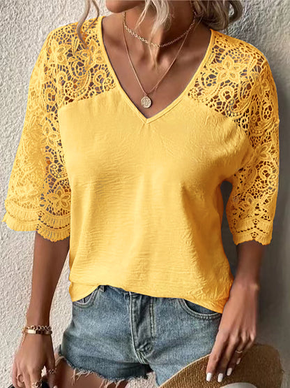 Blusa informal de encaje liso con cuello en V y retazos para mujer