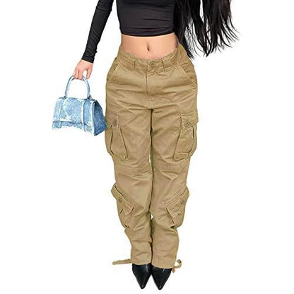 Women Solid Color High Waist Pocket Loose Casual Fashion Pants