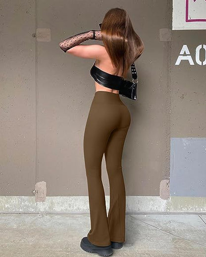 Pantalones deportivos básicos de color liso para mujer, informales, de punto acanalado, para yoga, ejercicio, cintura alta, acampanados