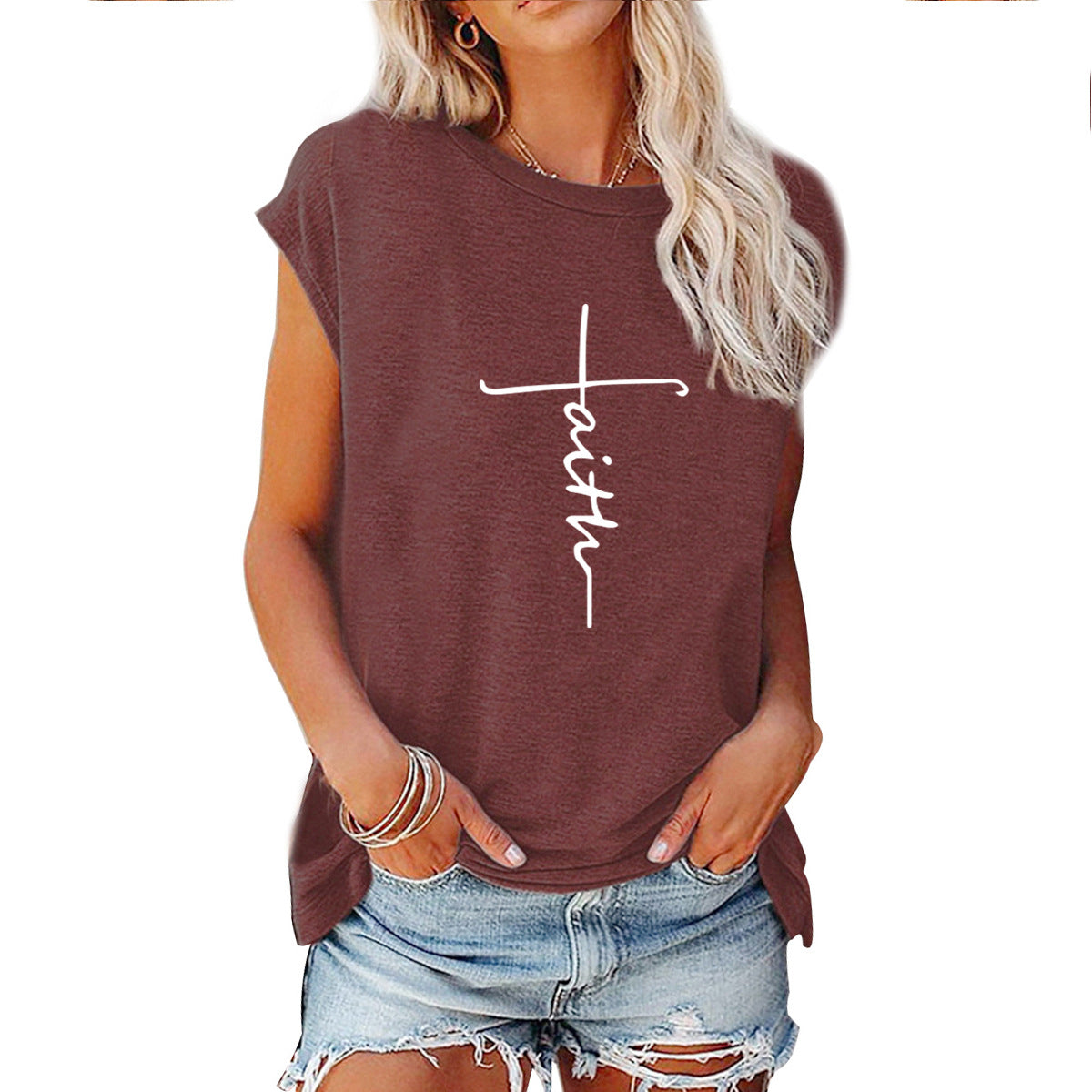 Camiseta informal de verano para mujer con estampado de letras Peace Faith, cuello redondo, manga corta y holgada