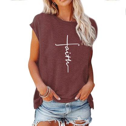 Camiseta informal de verano para mujer con estampado de letras Peace Faith, cuello redondo, manga corta y holgada