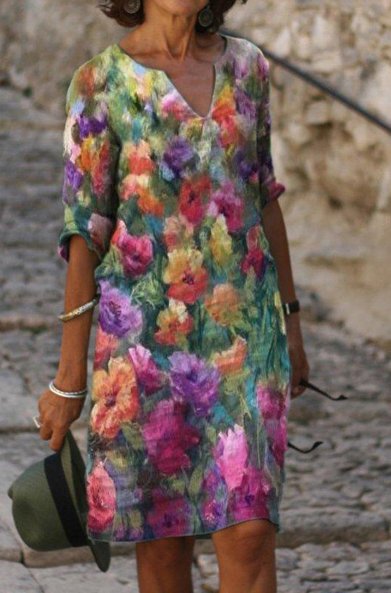Women Casual Elegant Fashion Flower Printed Short Sleeve V Neck Loose Dress