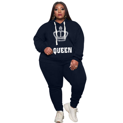 Conjunto de dos piezas deportivo informal de talla grande para mujer, de manga larga, con estampado de letras Queen y pantalones de color liso con diamantes de imitación