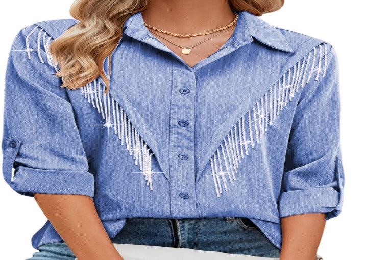 Blusa informal de manga larga con solapa y borlas de diamantes de imitación para mujer