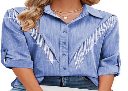 Blusa informal de manga larga con solapa y borlas de diamantes de imitación para mujer