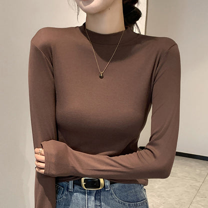Camiseta informal de manga larga con cuello redondo, color liso y media caña para mujer