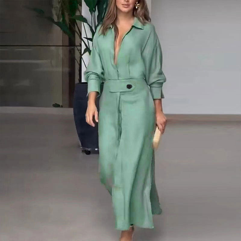 Women Fashion Casual Solid Color Waist Long Sleeve Irregular Shirt Maxi Dress