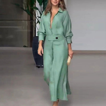 Women Fashion Casual Solid Color Waist Long Sleeve Irregular Shirt Maxi Dress