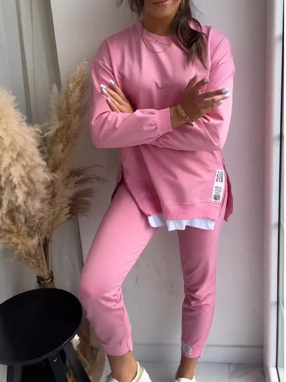 Conjunto de dos piezas formado por top y pantalón de manga larga, cuello redondo, color liso, informal, a la moda para mujer