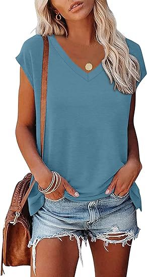 Camiseta informal de verano para mujer, con cuello en V, color liso, de manga corta y sin mangas