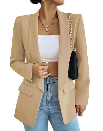 Chaqueta blazer informal de manga larga con solapa de color liso para mujer