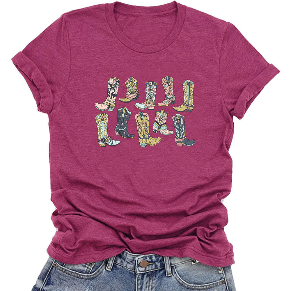 Camiseta vaquera informal de manga corta con cuello redondo para mujer, estilo occidental, de verano