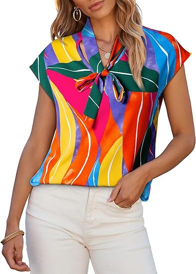 Blusa informal de verano con estampado gráfico y lazo de cinta, cuello en V y manga corta para mujer