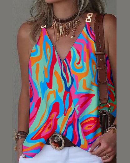 Women Fashion Casual Printed V-Neck Metallic Buckle Tank Top