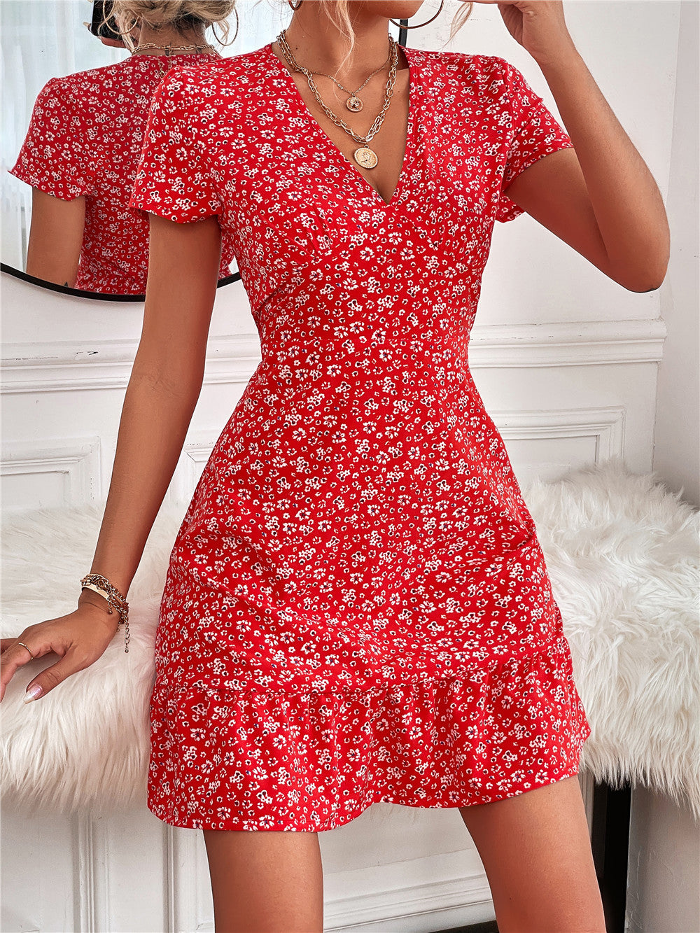 Summer Vacation Women V-Neck Short Sleeve Ruffled Casual Dress