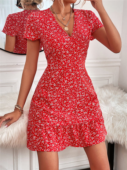 Summer Vacation Women V-Neck Short Sleeve Ruffled Casual Dress