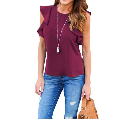 Blusa informal sin mangas con volantes de gasa de color liso a la moda para mujer