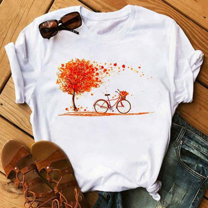 Camiseta holgada informal de manga corta con estampado de bicicleta para mujer