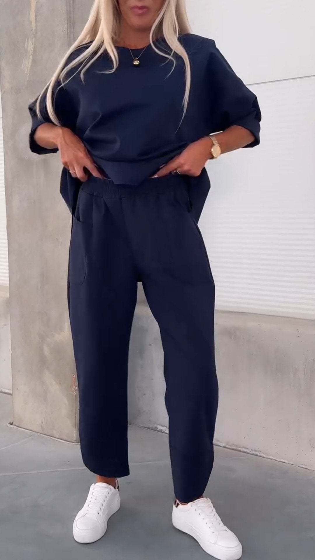 Autumn Winter Women Casual Solid Color Round Neck Long Sleeve Top Pocket Pants Two-Piece Set