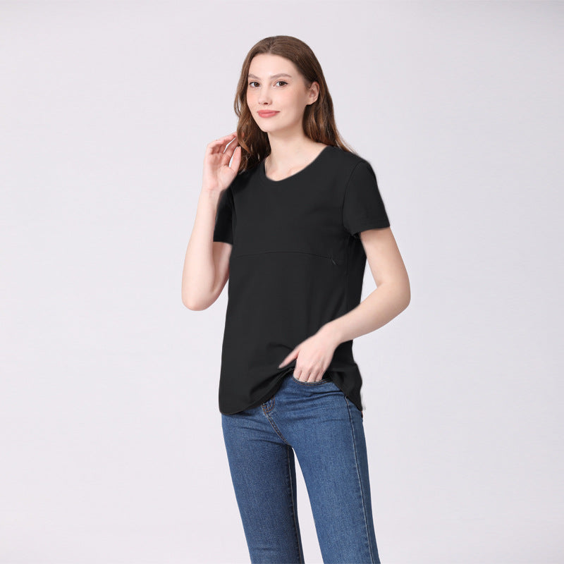 Camiseta informal de algodón de manga corta con cremallera para mujer embarazada y lactante