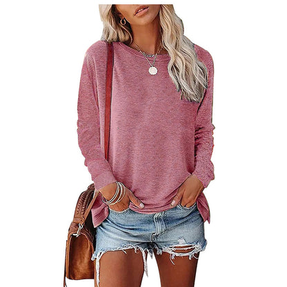 Camiseta informal holgada de manga larga con cuello redondo para mujer