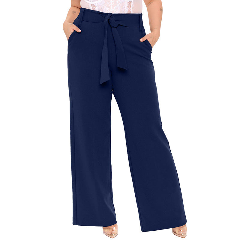 Summer Women Casual Solid Color Loose Lace-Up Wide-Leg Pants