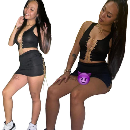 Women Fashion Casual Solid Color Hollow Mental Chain Strap Crop Top And Skirt Two Pieces Set