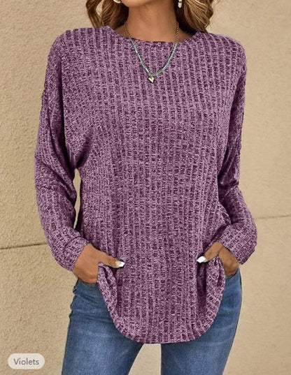 Camiseta holgada informal de talla grande para mujer, básica, de punto, de otoño, con cuello redondo, lisa, de manga larga