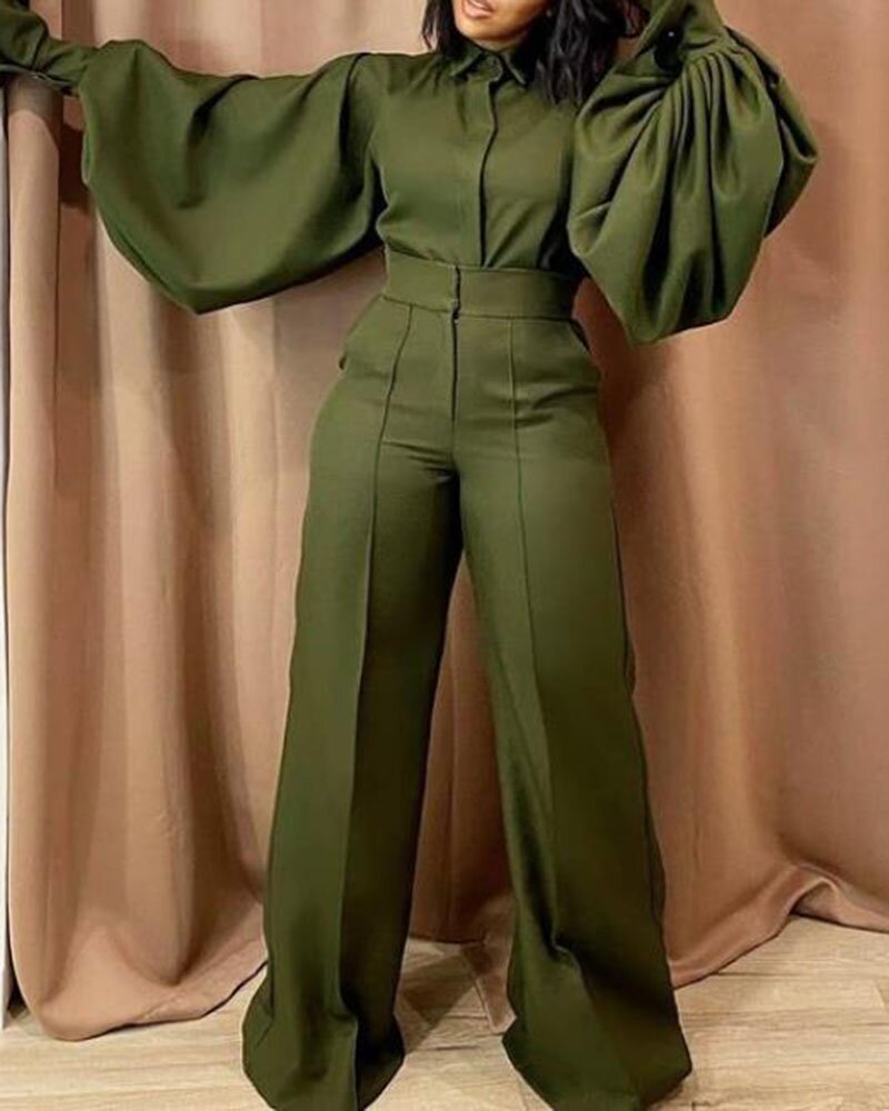 Women Fashion Casual Loose Solid Color Stitching Lapel Long Sleeve Jumpsuit
