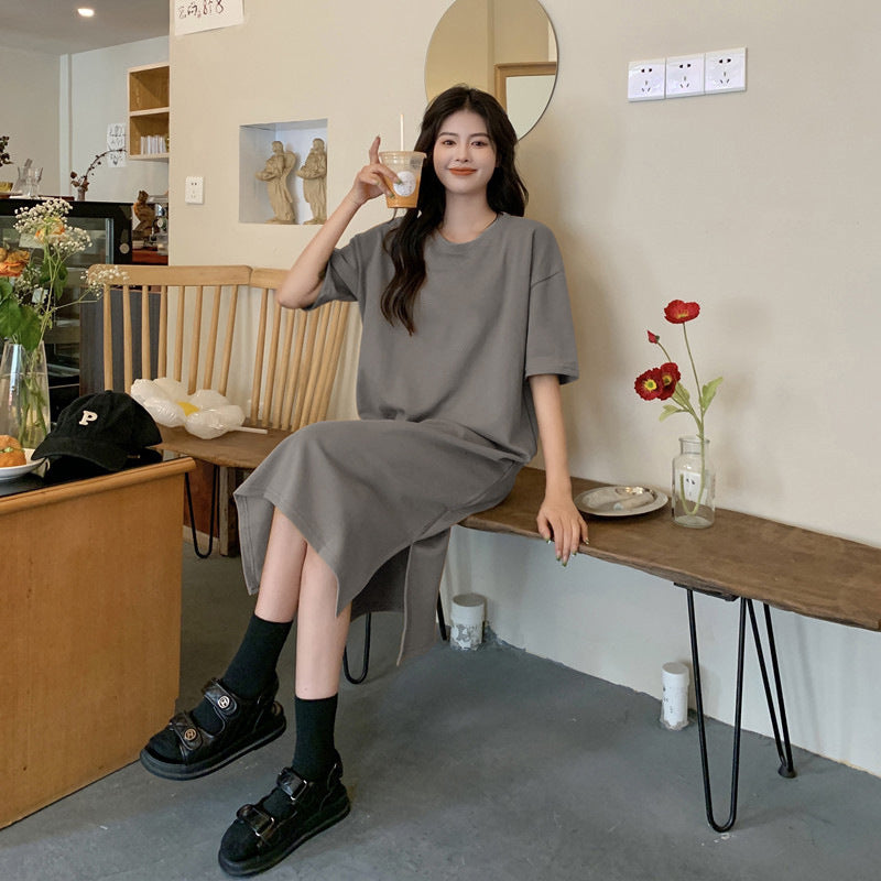 Vestido casual de manga corta de color liso para mujer