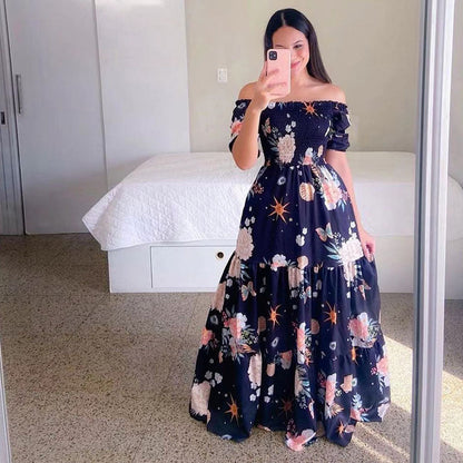 Summer Vacation Women Rainbow Color Floral Butterfly Large Swing Off Shoulder Casual Maxi Dress