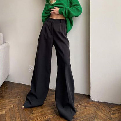 Women Basic Solid Color Casual High Waist Wide-Leg Mopping Pants