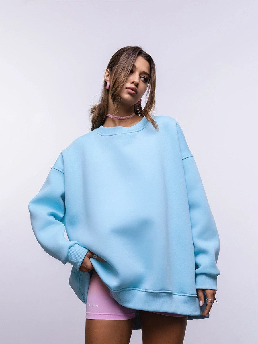 Sudadera de manga larga con cuello redondo y holgado de color liso para mujer de otoño e invierno