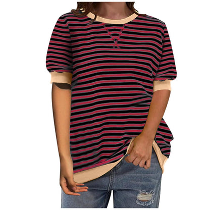 Camiseta informal sencilla de manga corta con estampado de rayas y cuello redondo con bloques de color para mujer