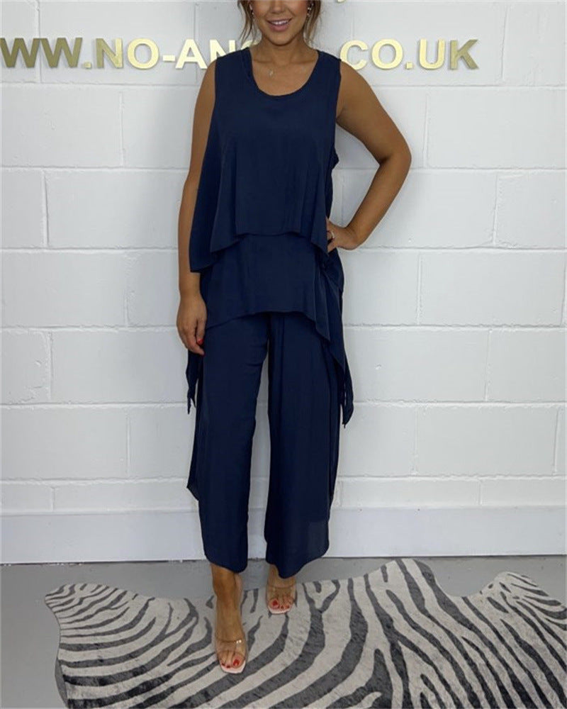 Conjunto de top y pantalones cortos informales sin mangas de color liso de talla grande a la moda para mujer