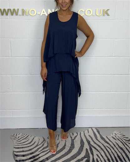 Conjunto de top y pantalones cortos informales sin mangas de color liso de talla grande a la moda para mujer