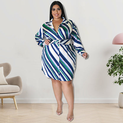 Plus Size Women Casual Autumn Long-Sleeved Diagonal Stripe Shirt Dress