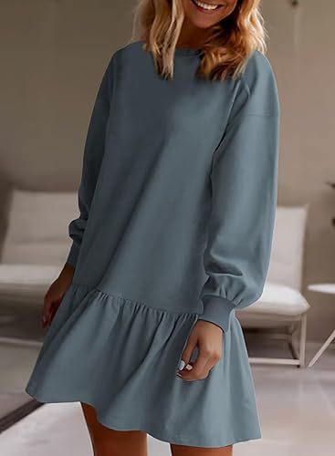 Women Casual Solid Color Round Neck Long Sleeve Dress