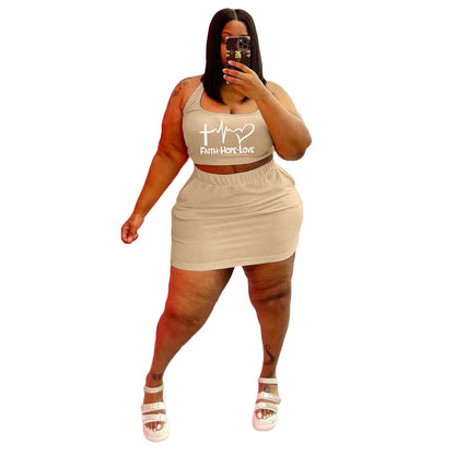 Conjunto de dos piezas de top corto y falda con estampado de letras Faith Love, informal, deportivo, sin mangas, talla grande, para mujer