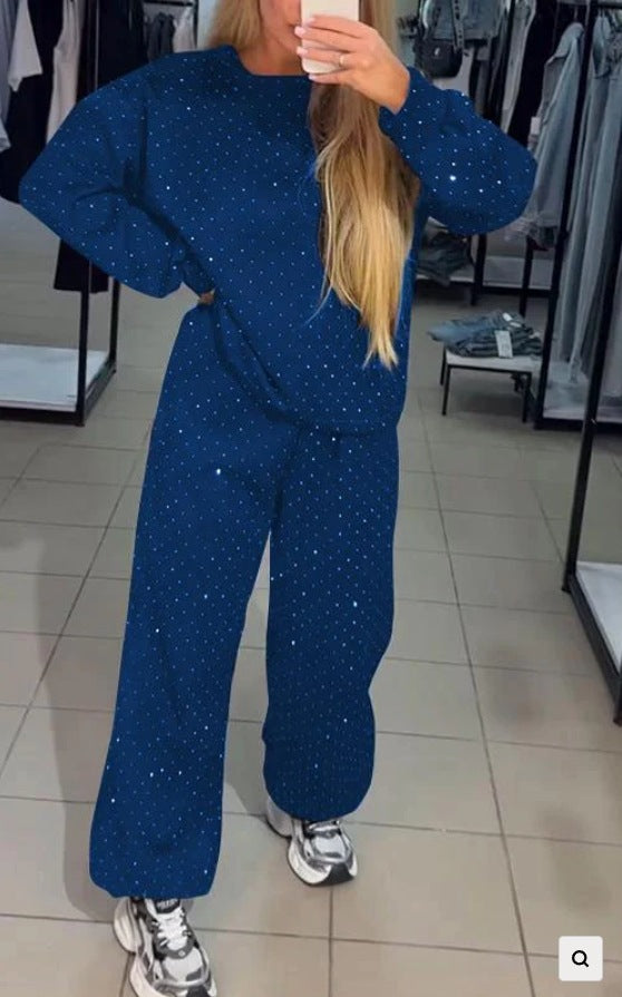 Autumn And Winter Women Athleisure Casual Crew Neck Long Sleeve Rhinestone Sweatshirt Pants Two-Piece Set