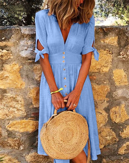 Women Casual Boho Short-Sleeved Defined Waist Multi-Button Midi Dress