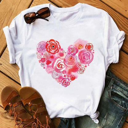 Camiseta informal de manga corta con estampado de corazones para mujer