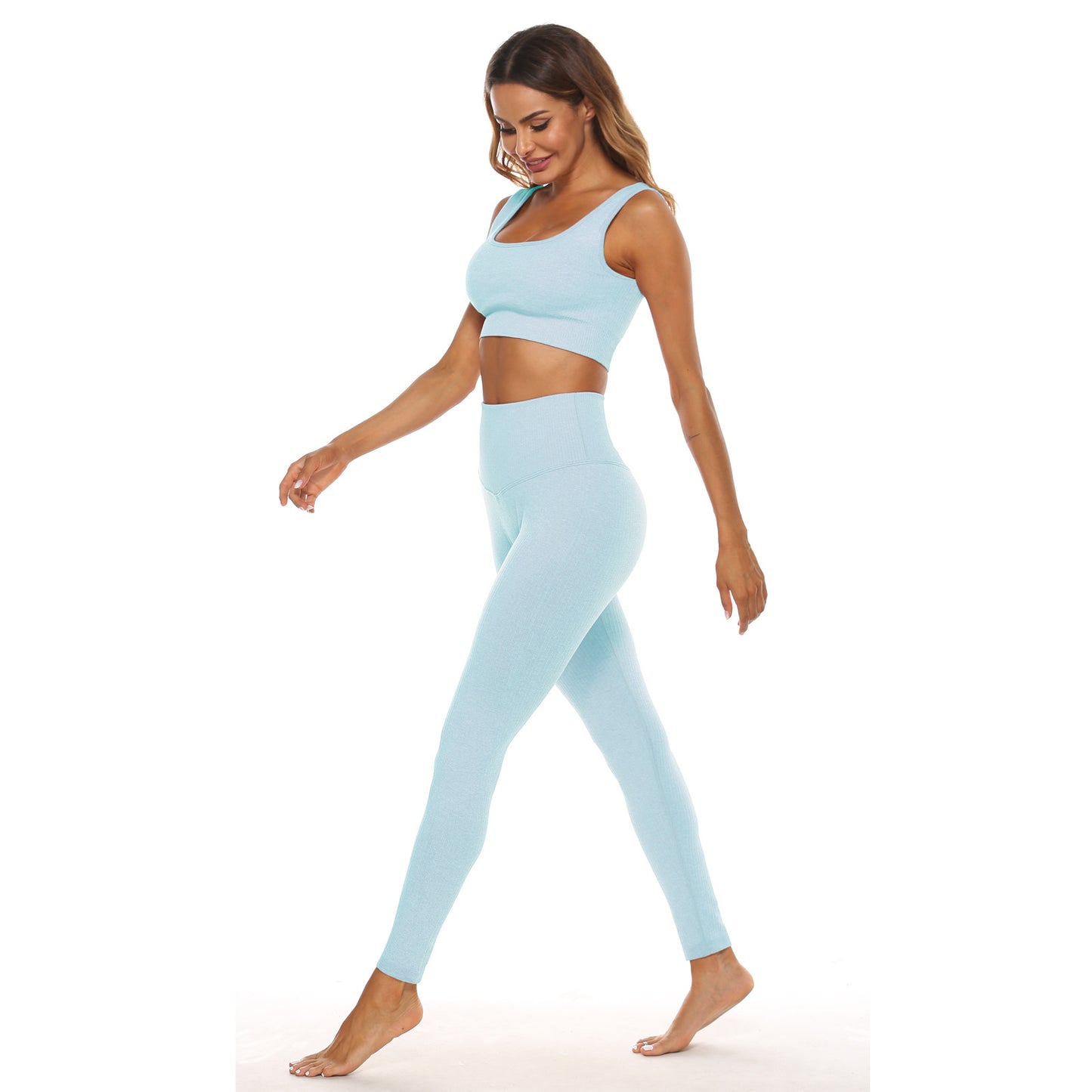 Conjunto deportivo de dos piezas para mujer, color sólido, con cuello en U, camiseta corta y pantalones de cintura alta, para yoga y deportes.