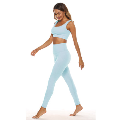 Conjunto deportivo de dos piezas para mujer, color sólido, con cuello en U, camiseta corta y pantalones de cintura alta, para yoga y deportes.