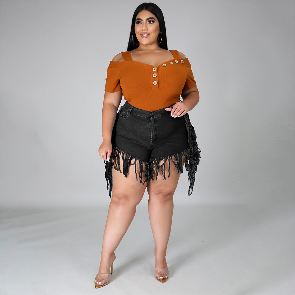 Women Fashion Casual Rothle Tassel Sanding Denim Shorts