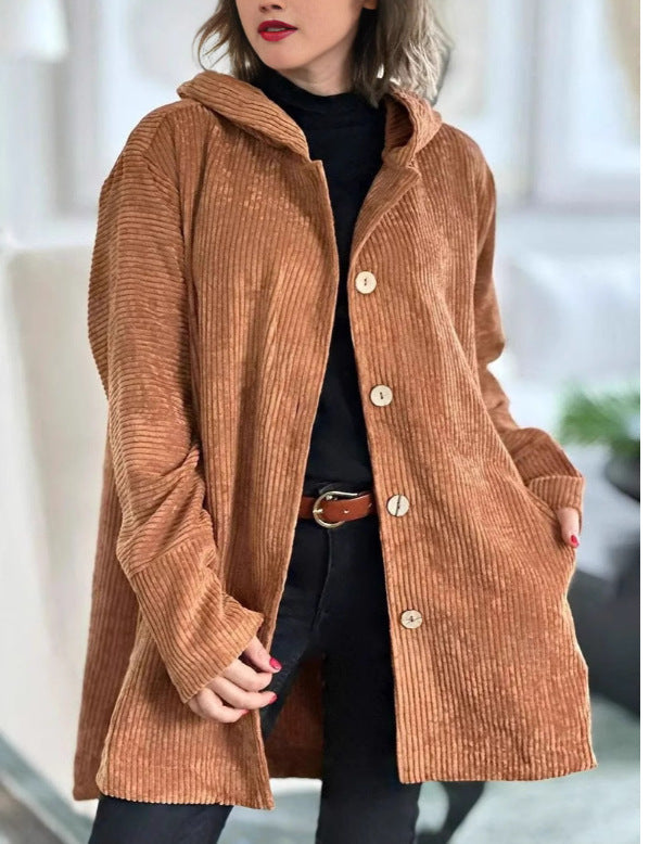 Chaqueta informal de pana holgada con capucha para mujer, otoño e invierno
