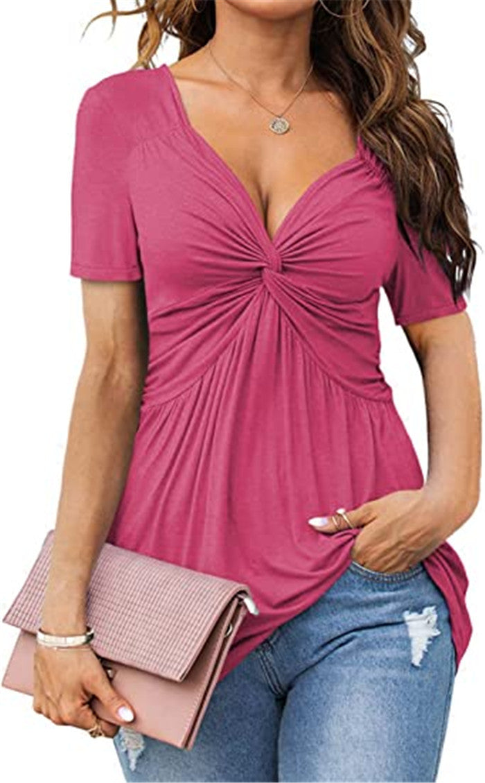 Blusa informal plisada de manga corta con cuello en V y color liso para mujer